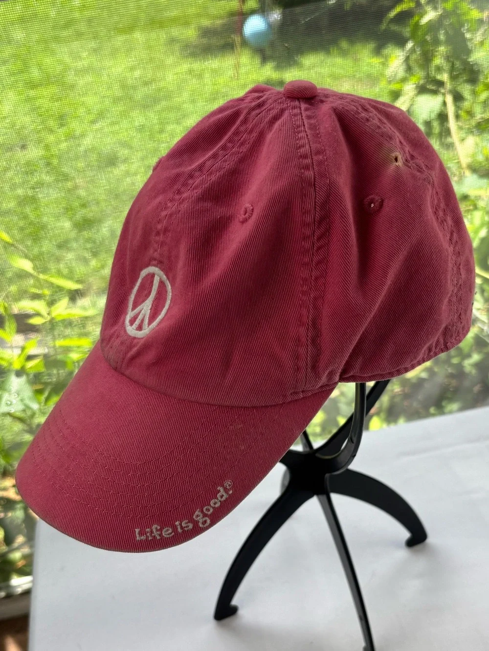 Life Is Good Washed Rose / Pink Baseball Hat White Peace Sign Cap 100% Cotton